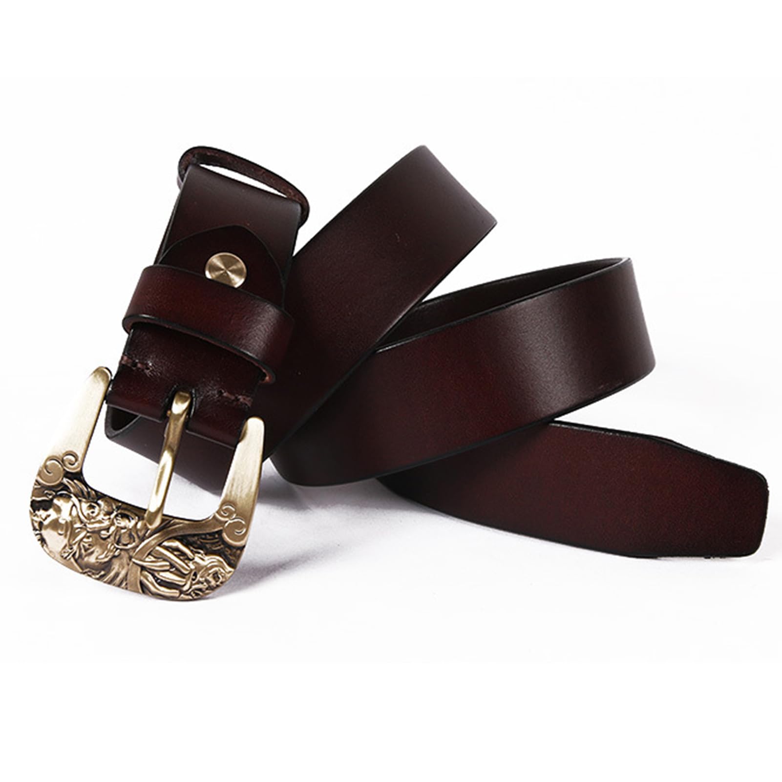 Echter Leder-Gürtel Herren Damen 3.8cm Breit, Ledergürtel Handgemacht Vollrindleder Riemen Gürtelschnallen Mit Schnitzen Golden Metall Dornschnallen(100cm/39, Coffee)