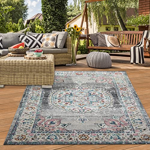 Teppich-Traum orientalischer Vintage WOHNZIMMERTEPPICH für In- & Outdoor TERRASSE Blumenmotiv grau blau Größe 160x230 cm Teppich-Traum orientalischer Vintage WOHNZIMMERTEPPICH für In- & Outdoor TERRASSE Blumenmotiv grau blau Größe 160x230 cm
