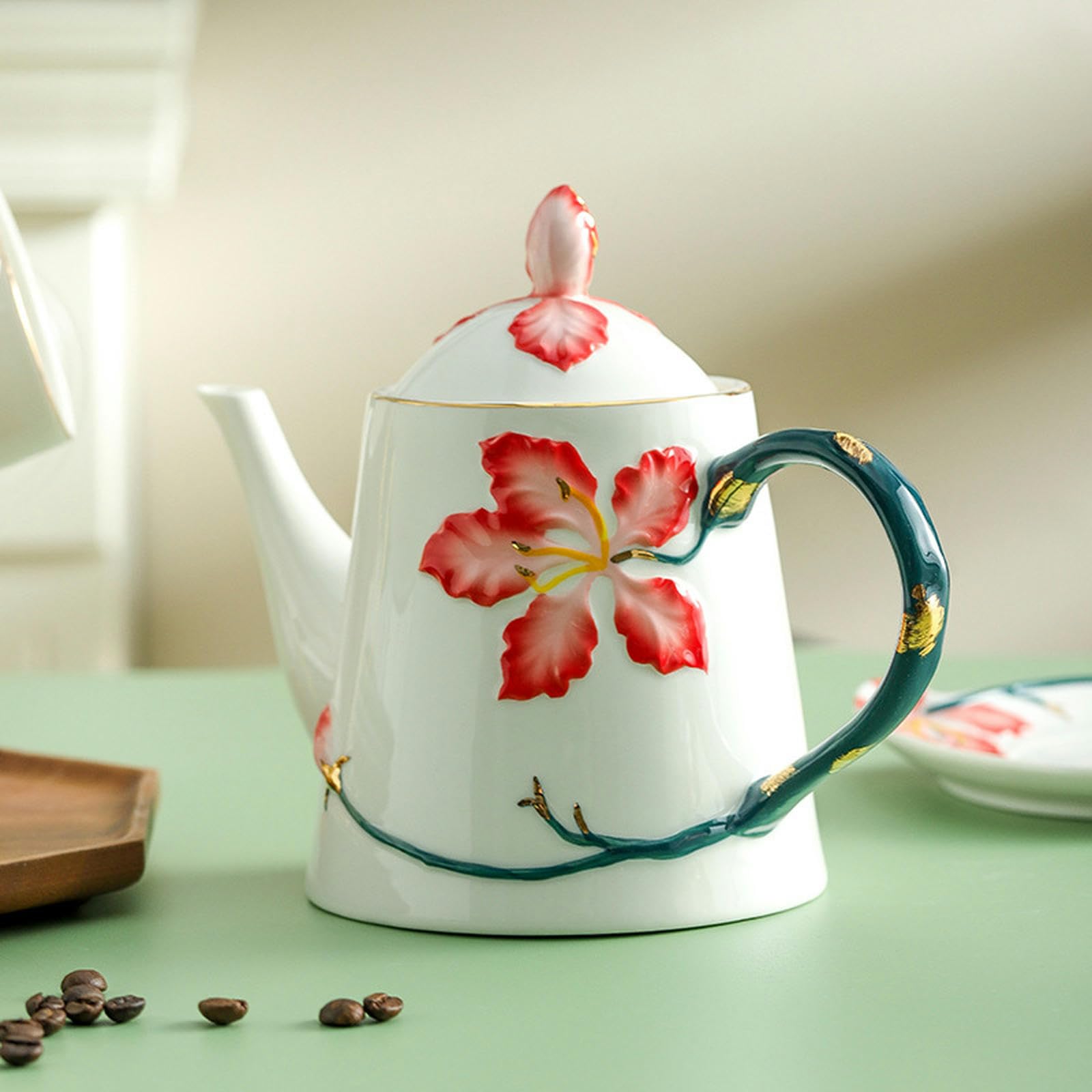 200ml/7oz Kreatives und exquisites Relief lila Gold Blume Keramik Kaffee Set, Büro und Haushalt Floral Tee Set, Tasse und Teller Set-4 Tassen und Teller+Topf+Eisenrahmen-201-300ml