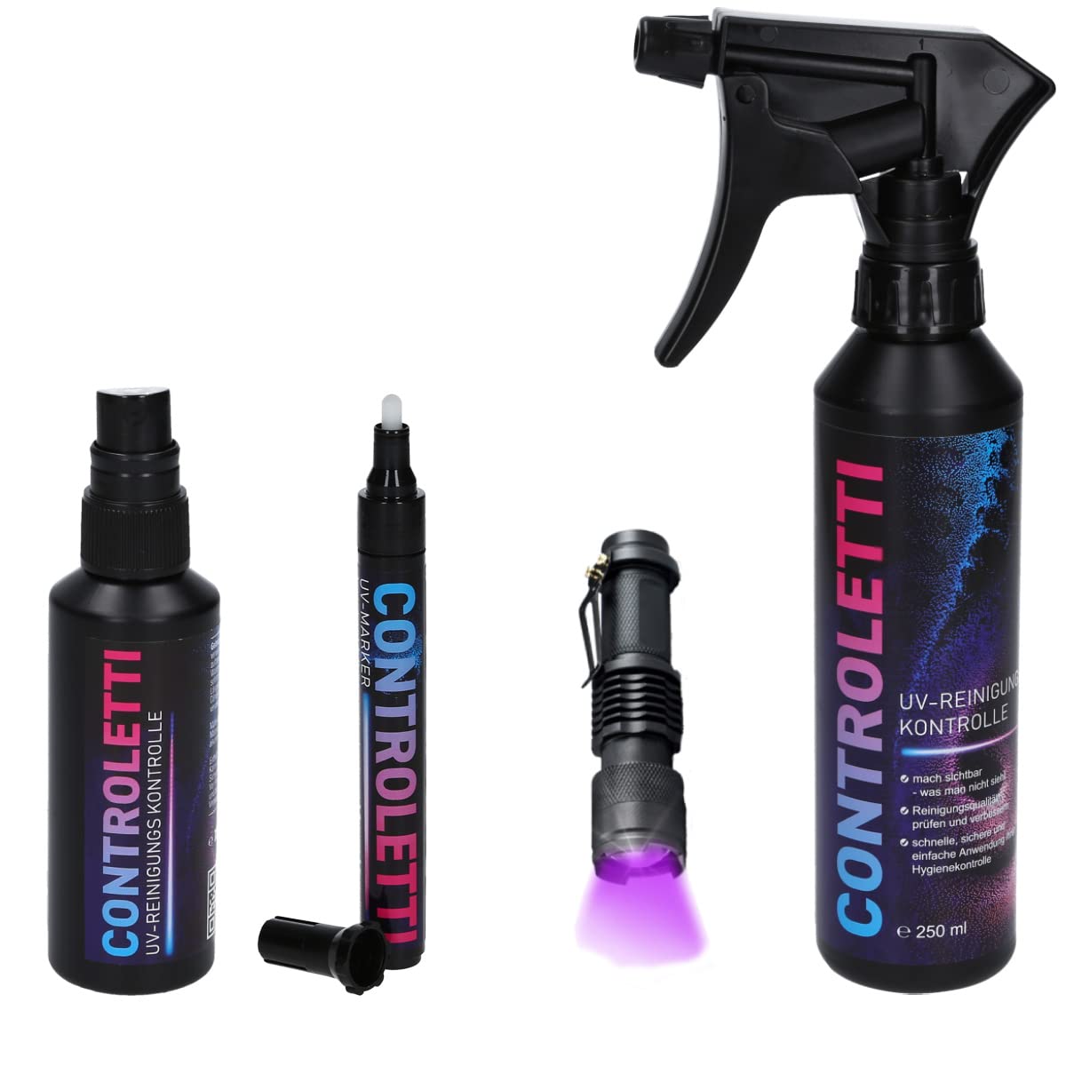 Controletti UV Reinigungskontrolle - Schwarzlicht Hygienetest zur Hygienekontrolle von Flächen (Maxi Set)