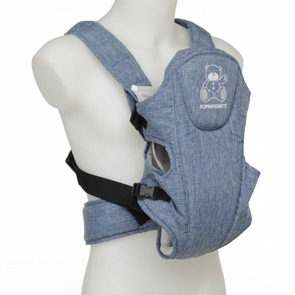 Foppapedretti Marsupio Porta Bimbo Marsupi8, bambini da 3.5 a 9 Kg, rinforzo lombare, spallacci imbottiti, fibbie laterali, utilizzabile fronte genitore/strada riduttore primi mesi incluso, Jeans Blue