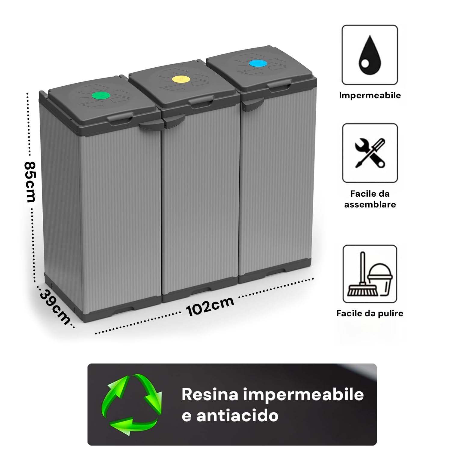Avilia Mobile Portasacco Tris per Rifiuti 80L - Resina PVC Rinforzata, Resistente alle Intemperie, Ideale per Interni/Esterni - Funzionale per Raccolta Differenziata Domestica
