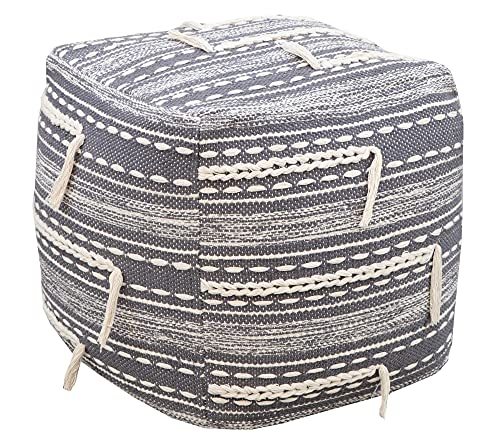Iconic Home Spike Ottoman Woven Cotton Upholstered Two-Tone Striped Pattern With Tassels Square Pouf Modern Transitional, Grey #TOP2