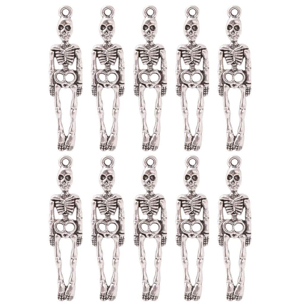 Maxtonser 10x Skull Charms Antique Silver Pendants for Necklace Bracelet Earrings Pack of 10 Halloween Skeleton Jewelry Charms