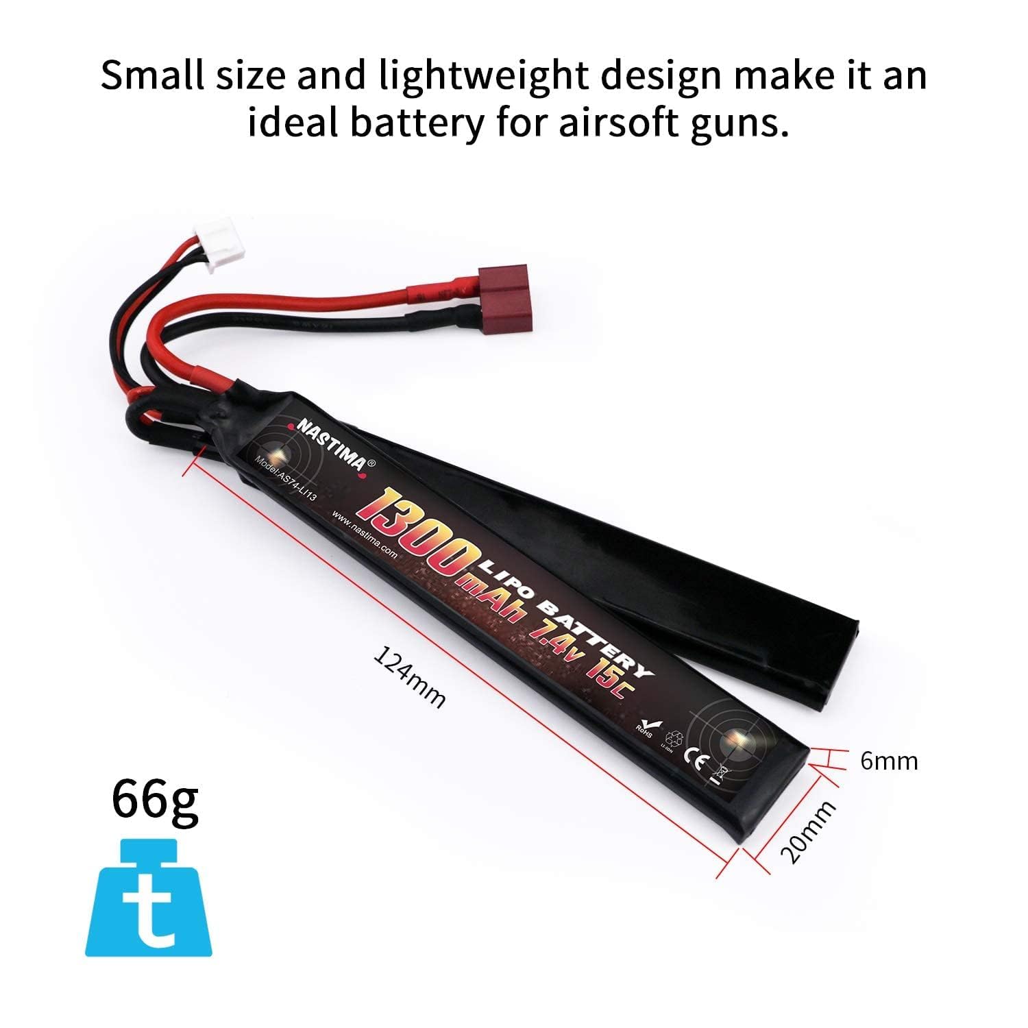 NASTIMA 7.4V 1300mAh Airsoft Lipo Batteria,2S 15C Batteria A Farfalla Compatibile Con Connettore Deans-T Per Pistole Airsoft AK47, MP5K, MP5, Scar, M249, AUG, AEG