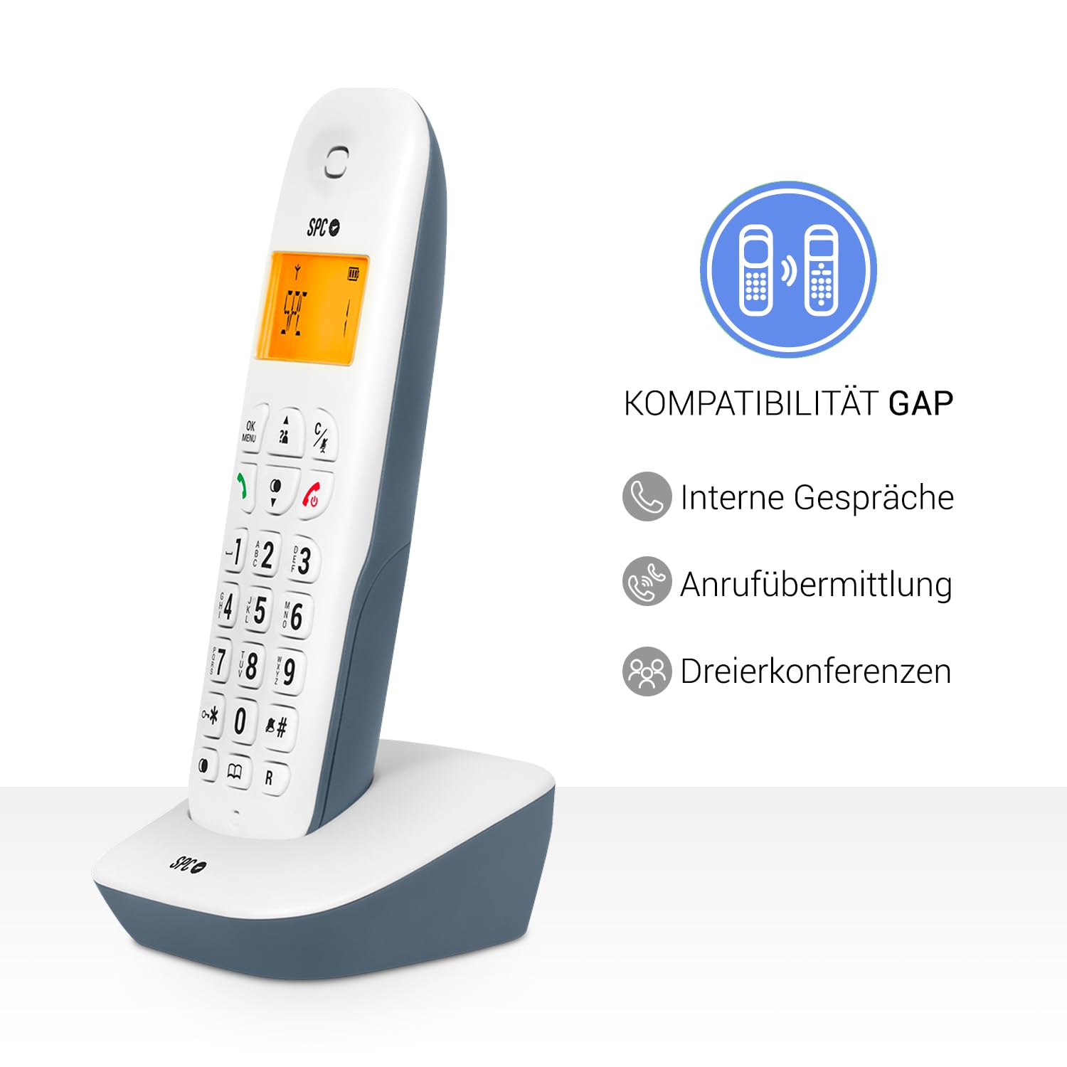 SPC Air – Schnurloses Festnetztelefon mit beleuchtetem Display, Anrufer-ID, Telefonbuch mit 20 Kontakten, Stummschaltfunktion, 5 verfügbare Melodien, Gap-Kompatibilität und ECO-Modus - Weiß