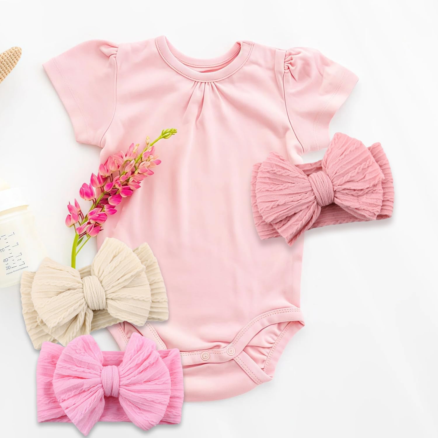 3 Pcs Baby Headband, Soft Baby Bows Headbands for Girls Newborn Hair Accessories (Dark Pink, Beige, Medium Pink) - Image 4
