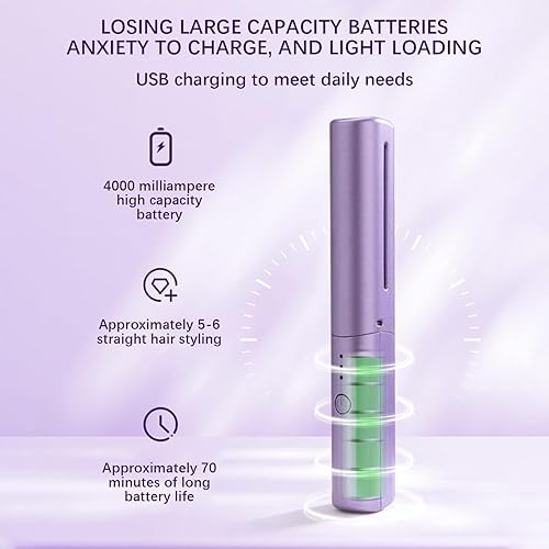 Miniatura 5 de Mini alisador de pelo, cepillo alisador de pelo inalámbrico recargable, tres ajustes de temperatura, plancha plana, alisador de pelo de peine
