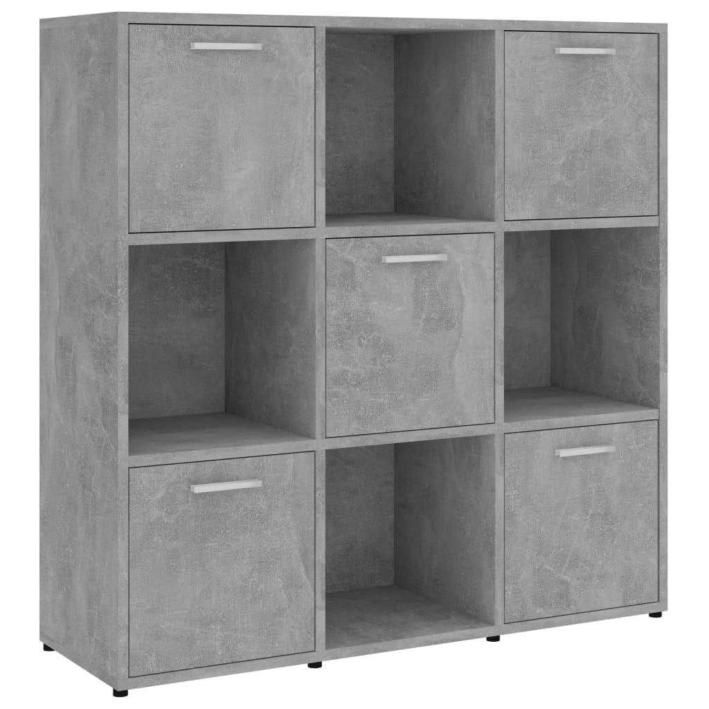Fengshui Regał na książki, szary betonowy, 90 x 30 x 90 cm, z materiału drewnopochodnego, 9 półek, regał na książki z drzwiami, 5 półek na książki i dekoracje, łatwy w utrzymaniu i stabilny