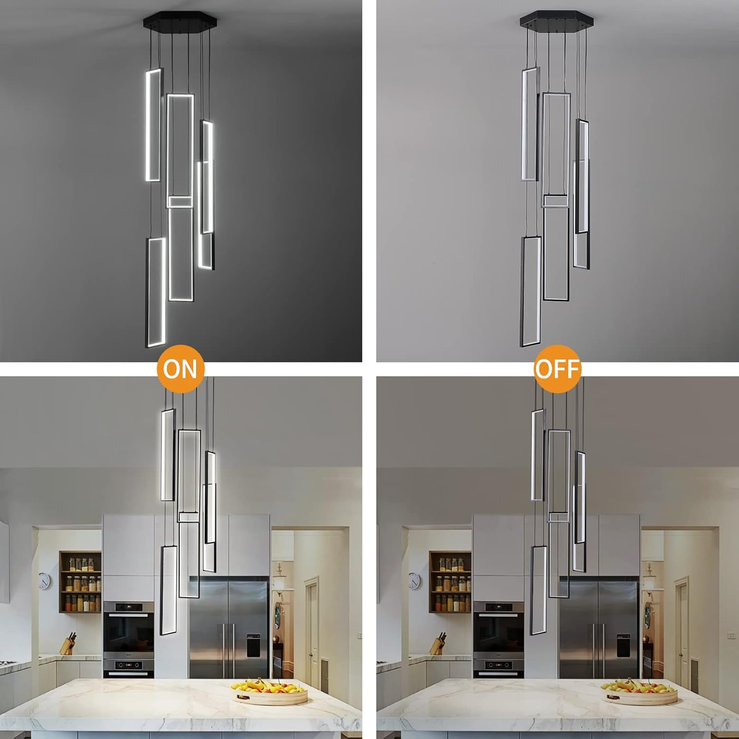 Modern Kitchen Island Dimmable Pendant Light Fixture - Black 108W LED Pendant Lights 6 Rings Rectangular Chandelier for Staircase, Large Ceiling, Lobby, Living Room, Foyer