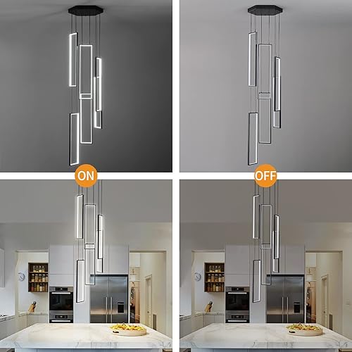 Miniatura 7 de FDPBY Lámpara colgante regulable moderna de isla de cocina, color negro, 114 W, 6 anillos, rectangular, para escalera, gran vestíbulo, sala de