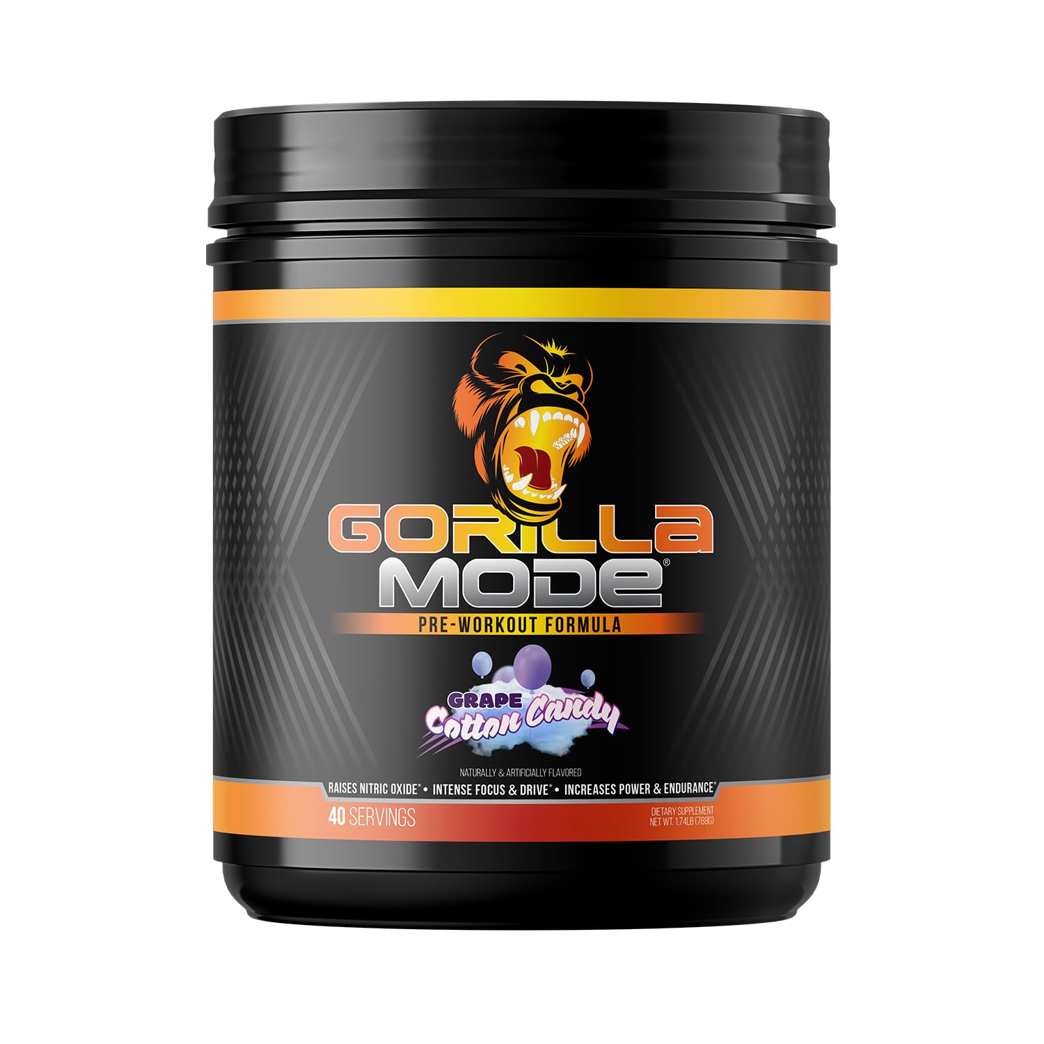 Gorilla Mode Pre Workout - Massive Pumps Laser Focus Energy Power - L-Citrulline, Creatine, L-Tyrosine, Betaine, Hydroprime, Alpha-GPC, 400mg Caffeine, Huperzine A 786g (Cotton Candy Grape)