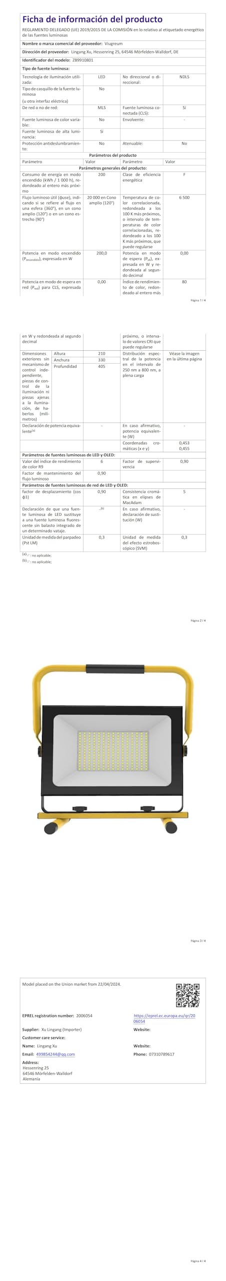 Viugreum Faretto da Cantiere 200W, Portatile LED da Lavoro, 20000LM LED da Cantiere, Impermeabile IP65 Faro LED Esterno con Spina e Staffa Pieghevole, Rotazione 360°, 3m di Filo, Luce Bianca 6500K