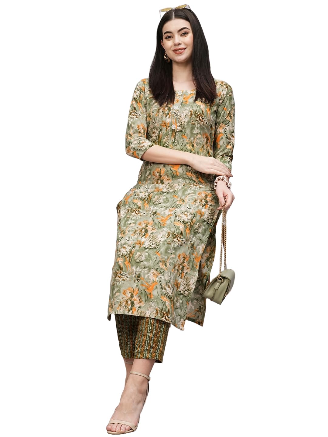 ANNI DESIGNERWomen's Cotton Blend Straight Printed Kurta with Pant