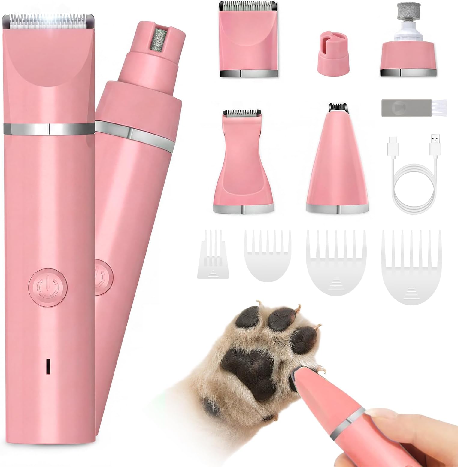 Veeconn Dog Grooming Clippers Kit-Electric Rechargeable Cat Trimmer Tools-Cordless Quiet Pet Nail Paw Grinder-4 in 1 Multifunctional Low Noise Shaver-Razor for feet Face Ears Toenail Eye (Pink)