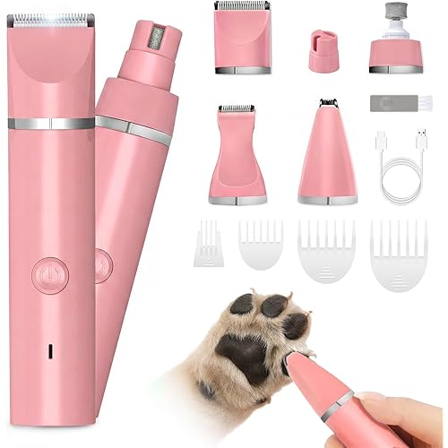 Veeconn Dog Grooming Clippers Kit-Electric Rechargeable Cat Trimmer Tools-Cordless Quiet Pet Nail Paw Grinder-4 in 1 Multifunctional Low Noise Shaver-Razor for feet Face Ears Toenail Eye (Pink)