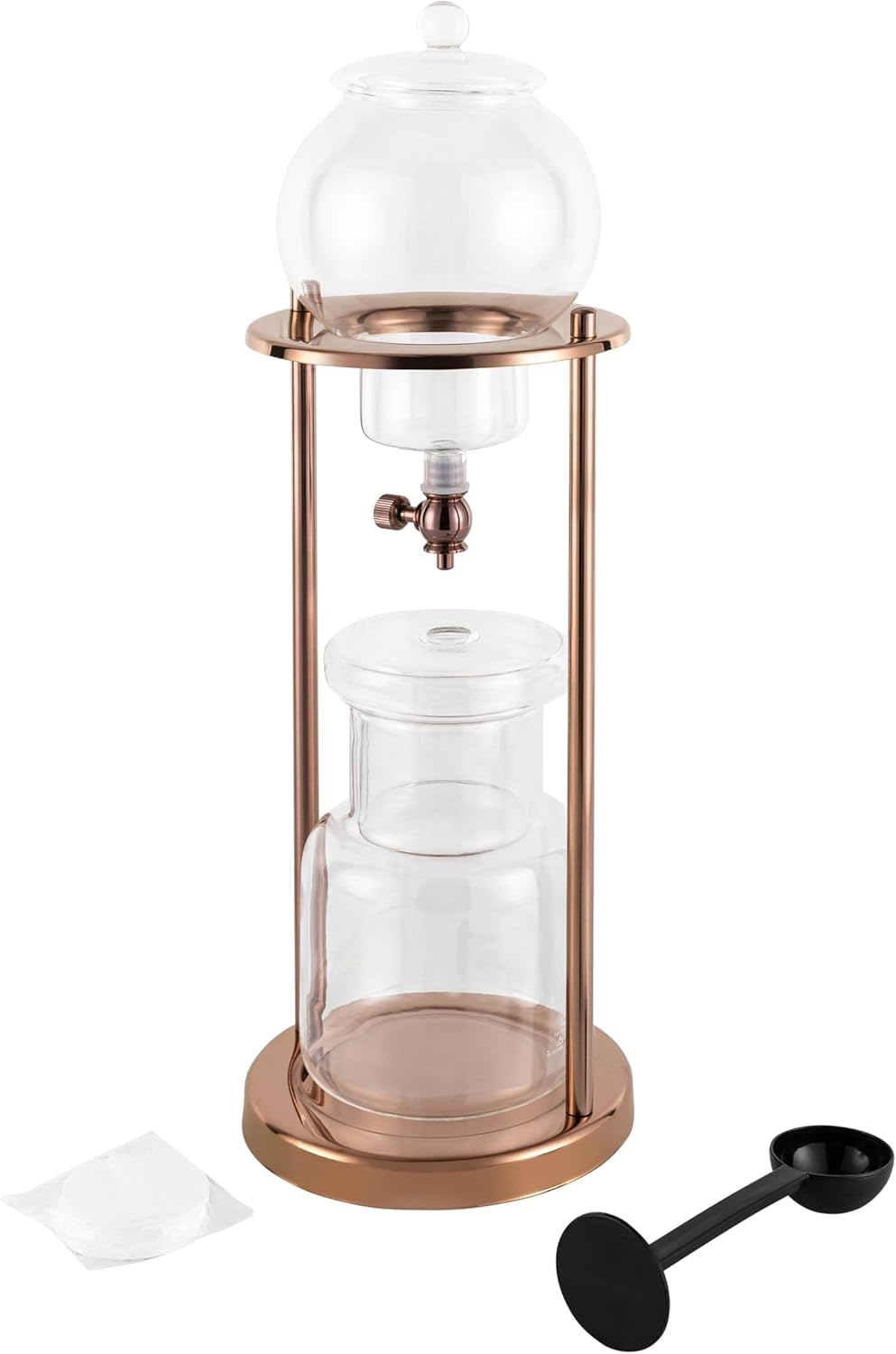 Iced Coffee Cold Brew Drip Tower, 600ML Glass Cold Brew Coffee Maker for Home Office Use, Iced Tea Maker 6-8 Cups, Brewing 4 Hours, Gold
