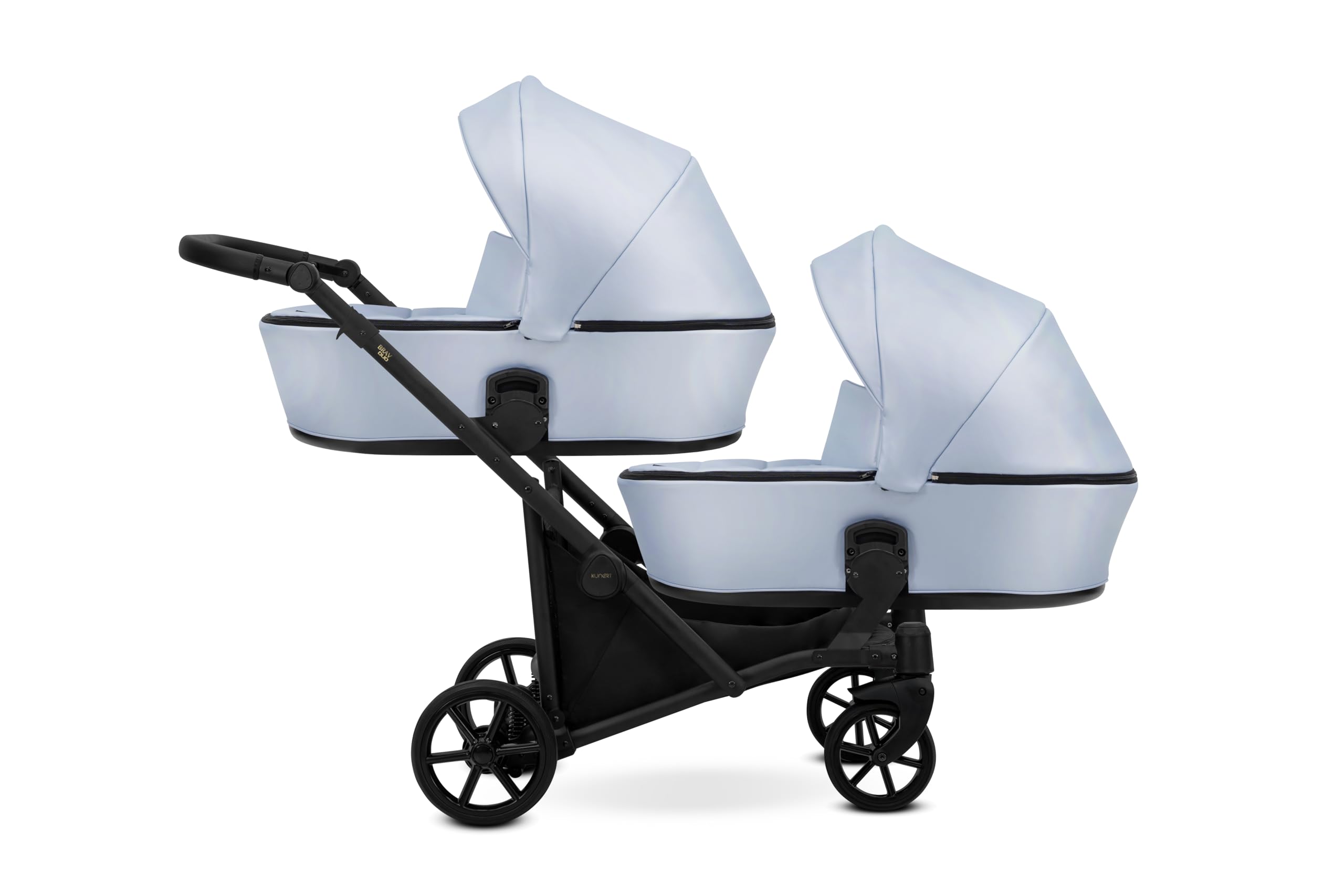 Kunert BRAV DUO Passeggino Gemellare 2 in 1+Accessori: Comfort, Sicurezza, Praticità, design elegante e funzionale, sistema versatile, telaio in alluminio, leggero, ecopelle baby blue/nero