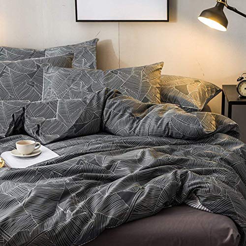Cozyholy Duvet Cover Set 3 Pieces Grey Boho Leaves Pattern Bedding Set Reversible