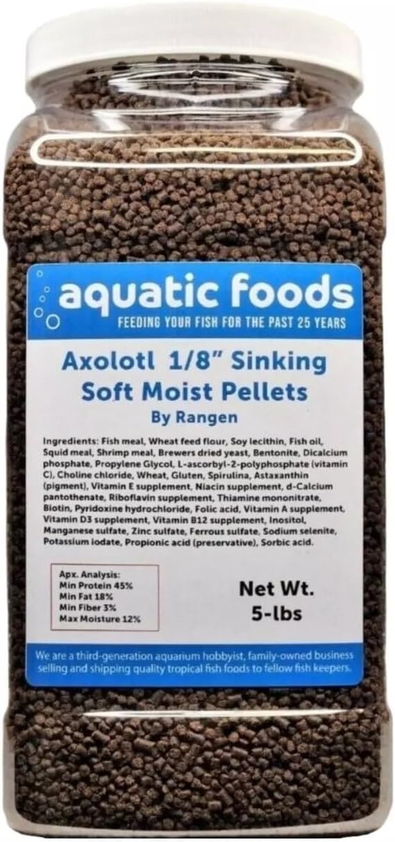 Aquatic Foods Inc. Axolotl Food 1/8" Soft Moist Sinking Pellets for Axolotls, Shrimp, Snails & Tropical Fish. Salmon Sinking Pellets 5-lb-Jar