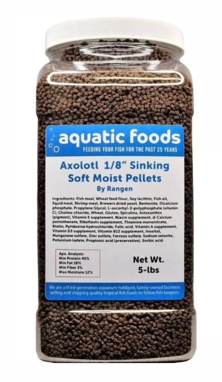 Aquatic Foods Inc. Axolotl Food 1/8" Soft Moist Sinking Pellets for Axolotls, Shrimp, Snails & Tropical Fish. Salmon Sinking Pellets 5-lb-Jar