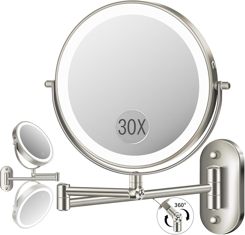 9'' 30X/1X Wall Mounted Height Adjustable Lighted Magnifying Makeup Mirror
