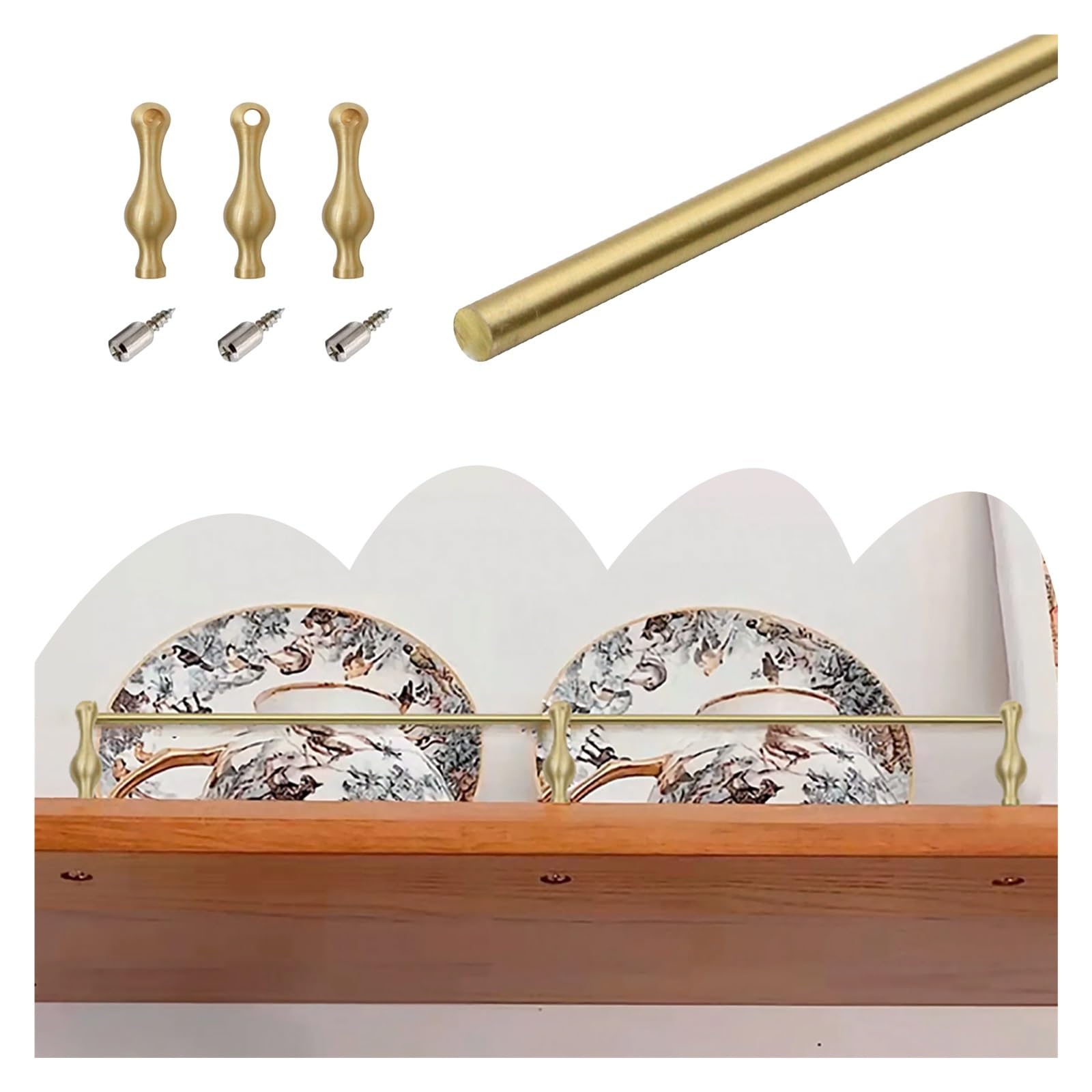 Brass Decorative Shelf Rail Fence, 20-150cm Cabinet Guard Bar, with 3 Posts & Screws, for Pantry Cabinets/Bookshelf/Retail Display Case(45in/114.3cm)