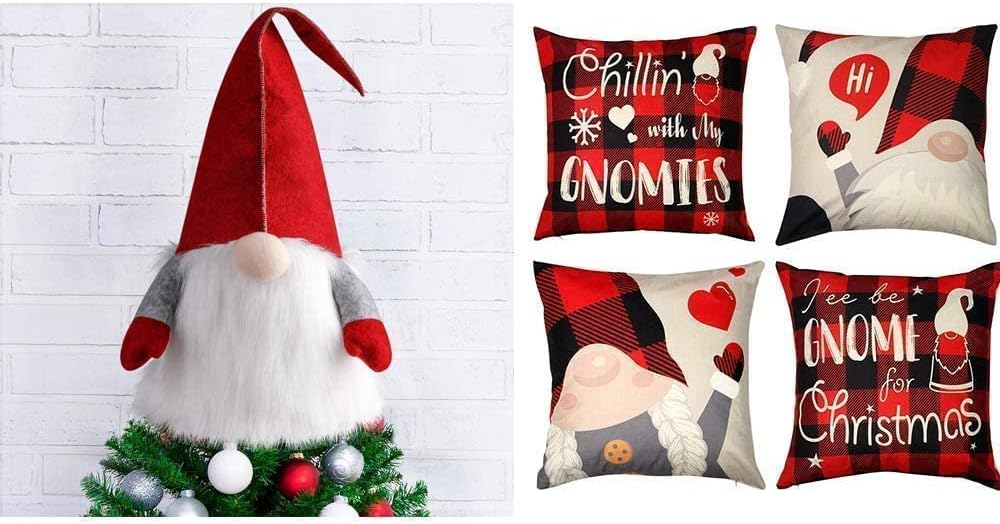 D-FantiX Gnomes Christmas Tree Topper + 18x18 inches Gnomes Pillow Covers Set