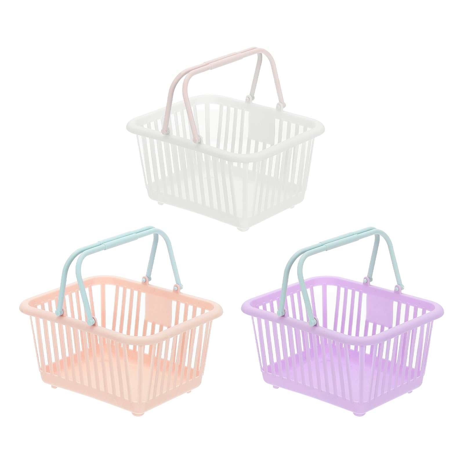 PATIKIL 3PCS Mini Shopping Basket, Small Plastic Basket Mini Storage Basket Grocery Tiny with Handles Organizer Filtered Water for Organizing Toys Eggs Fruits Snacks,White Pink Purple