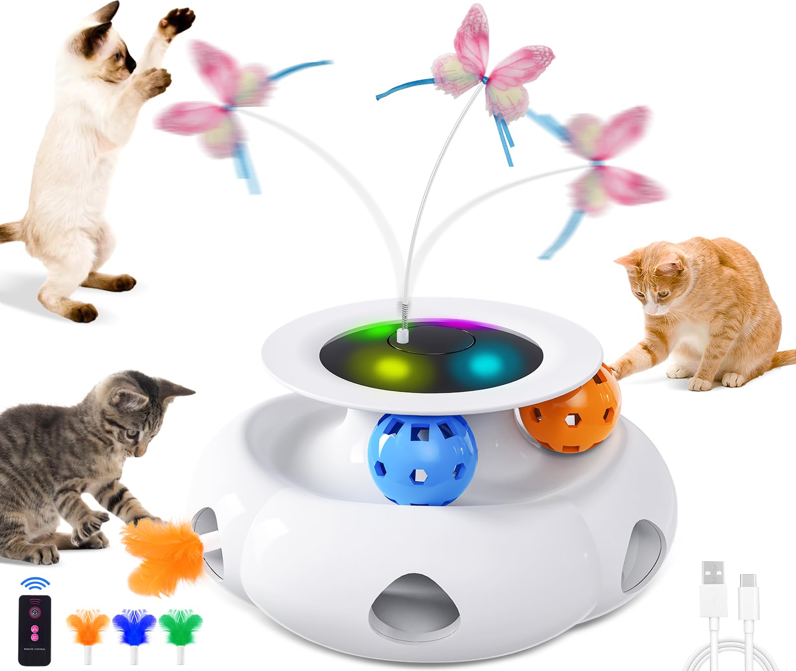 Xuyub 3in1 Interactive Cat Toys Moving Ambush Feather, Spinning Butterfly, Track Balls, Rechargeable Automatic Activated Kitten Toys for Indoor Cats, Cat Feather Toy for All Breeds