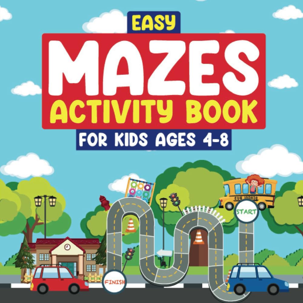 Easy Mazes Activity Book for Kids: Fun and Simple Big Print Puzzle Workbook for Road Travel with Jokes, Riddles, and Coloring Pages
