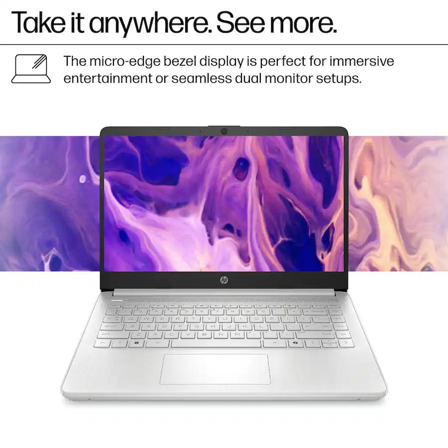 Image of HP 14 inch HD Laptop, Intel Processor N150, 4GB DDR4, 256GB Storage (128GB UFS+128GB SD Card), HDMI, USB-C, USB-A, Bluetooth, WiFi, Copilot, Fast Charge, Microsoft 365, Win 11 Home S Mode, Natural Silver