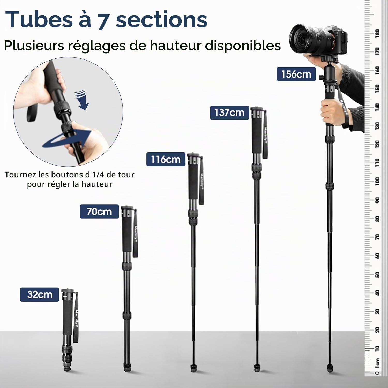 Manbily A-888 Monopode aluminium 7 sections 32-156 cm pour appareil photo reflex numérique smartphone