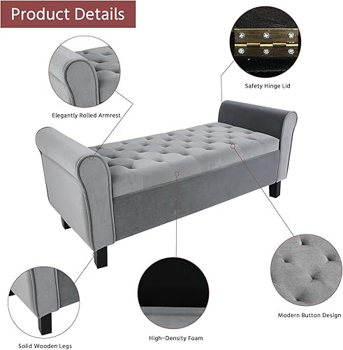 Miniatura 6 de Banco otomano de almacenamiento con brazos, banco de terciopelo para dormitorio, banco de almacenamiento con botones para entrada, sala de estar,