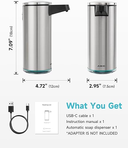 Miniatura 3 de AIKE SensePro Dispensador automático de jabón tipo C recargable, acabado de acero inoxidable cepillado, 12.8 onzas líquidas para jabón líquido