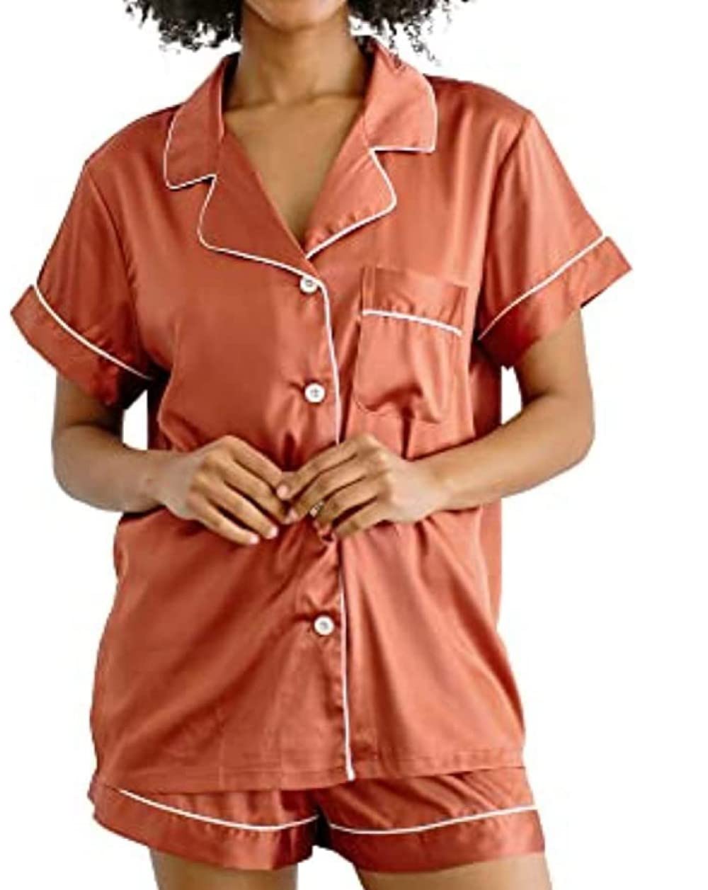 Pijama De Mujer Manga Corta,Botones De Solapa Naranja Pijama De Manga Corta De Verano para Mujer Conjunto De 2 Piezas Pijamas Suaves Y Cómodos para Mujer Ropa De Salón Regalo del Día De La Madre