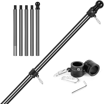 6FT Carbon Fiber Flag Pole, Flagpole for Outside House, Porch Flagpoles, Tangle Free Black Flag Pole Kit, Wind-Resistant, Bend-Resistant, Rust-Free Without Bracket, Plain Carbon Fiber