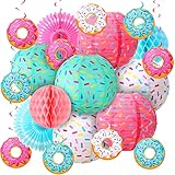 20 Pcs Donut Birthday Party Decorations, 8 Pcs Donut Lanterns Sprinkle Hanging Paper Lanterns, Honeycomb Ball, 2 Pcs Party Paper Fans, 10 Pcs Donut Hanging Swirl for Baby Shower Ice Cream Party