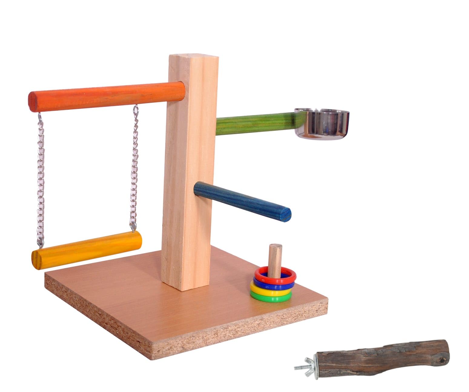 poonch wooden colorful bird training taming playing stand with swing feeder multiple perches and ring game food color for budgies cockatiel lovebird and other parrots with free natural perch