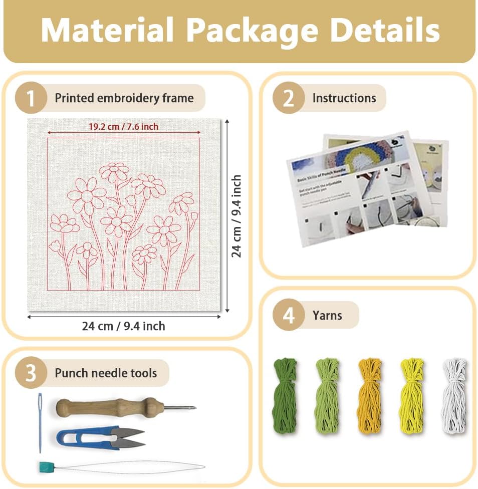 DOODLREAM Daisy Flower DIY Punch Needle Embroidery Kit for Adult Beginner, 9.4" Daisy Punch Stitching Craft Set for Starter with Frame, Fabric Pattern, Threader, Yarn, Pinch Needle