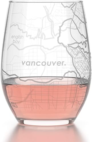 Well Told Copa de vino grabada con mapa de Canadá de Vancouver, sin tallo, copa de vino grabada con mapa de la ciudad, regalo para los amantes del