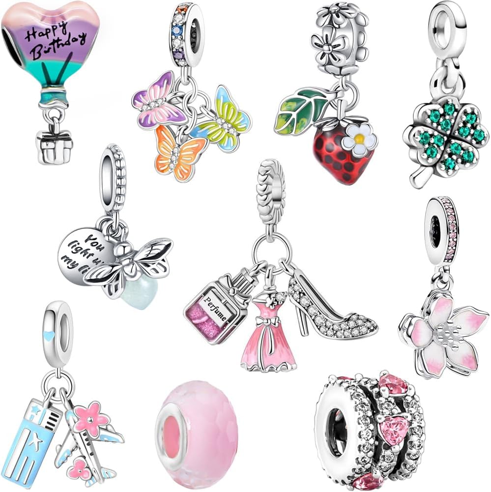 Paquete de 10 dijes de cuentas de plata compatibles con collares de pulseras de dijes, dijes de plata para pulseras para mujeres, las cuentas colgantes con circonitas cúbicas son el regalo de joyería perfecto para mujeres, ideal para Navidad, cumpleaños, Día de la Madre y Día de San Valentín.