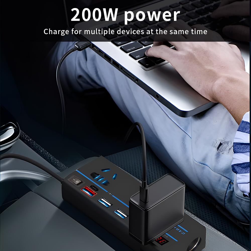 OBEST 200W Inversor 12V/24V DC 110V/220V AC Adaptador Mechero Coche a Enchuf Power Inverter Transformador con Encendedor de Cigarrillos/Toma de 3 Clavijas/Puertos USB/Toma PD/QC