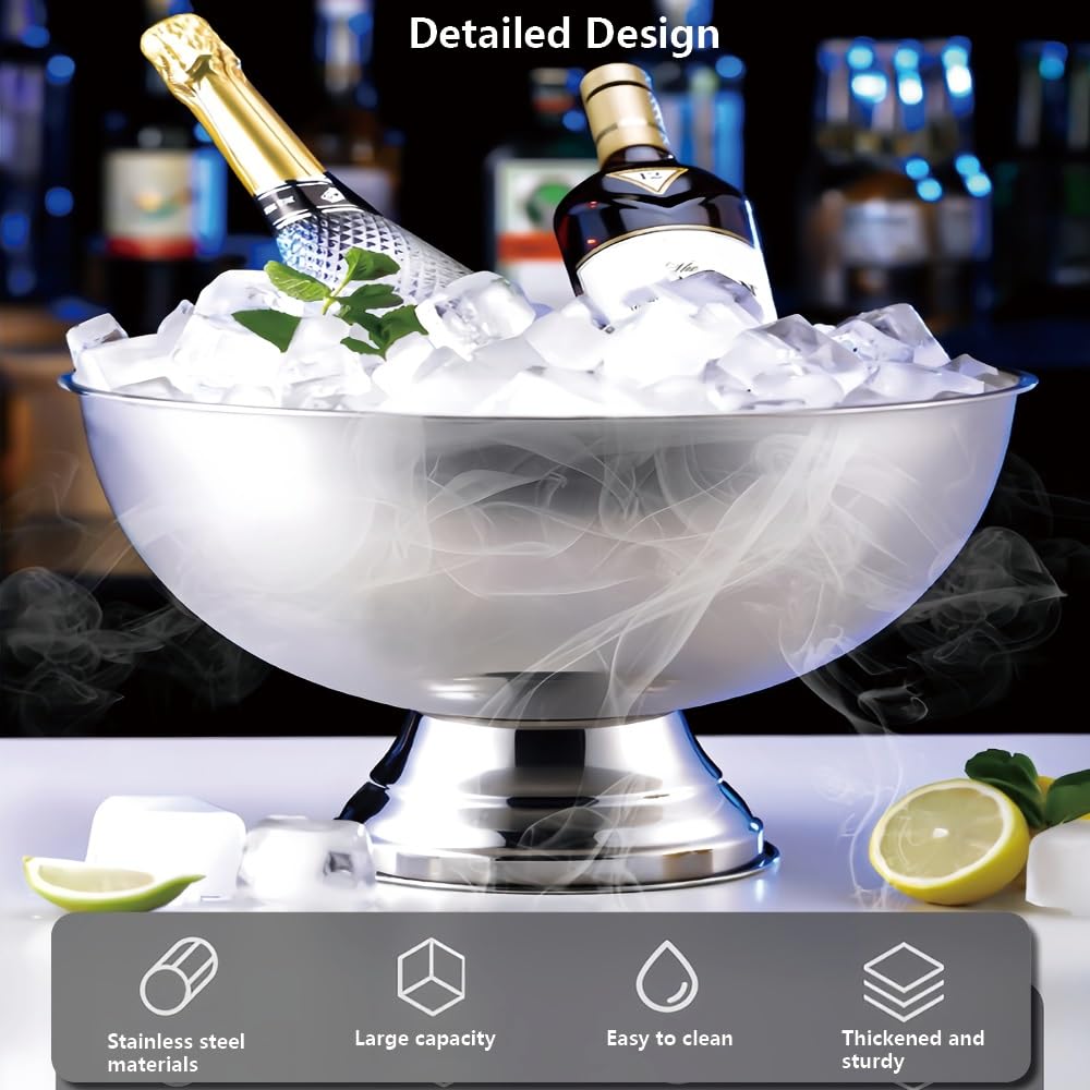 Grande secchiello per champagne in acciaio inox, 40,1 cm, per vino, birra, bevande, ciotola per punch con doppia maniglia per feste, bar, barbecue, ristorante, eventi all'aperto (argento)