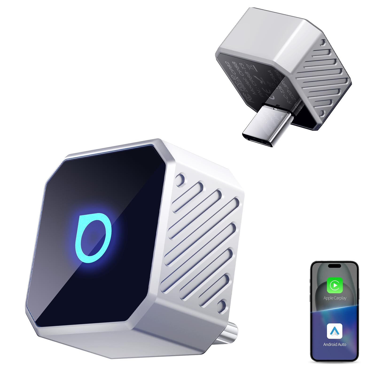 OTTOCAST Mini Pot Type C 2026, Adattatore Wireless USB C 2 in 1 per CarPlay e Android Auto, Compatibile con iOS 10+/Android 11+ e Auto dal 2016 in Poi, Plug & Play, Aggiornamento OTA, Argento