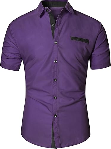 NeedBo Camisas de vestir de manga corta para hombre, ajuste delgado, contraste interior, camisas casuales con botones