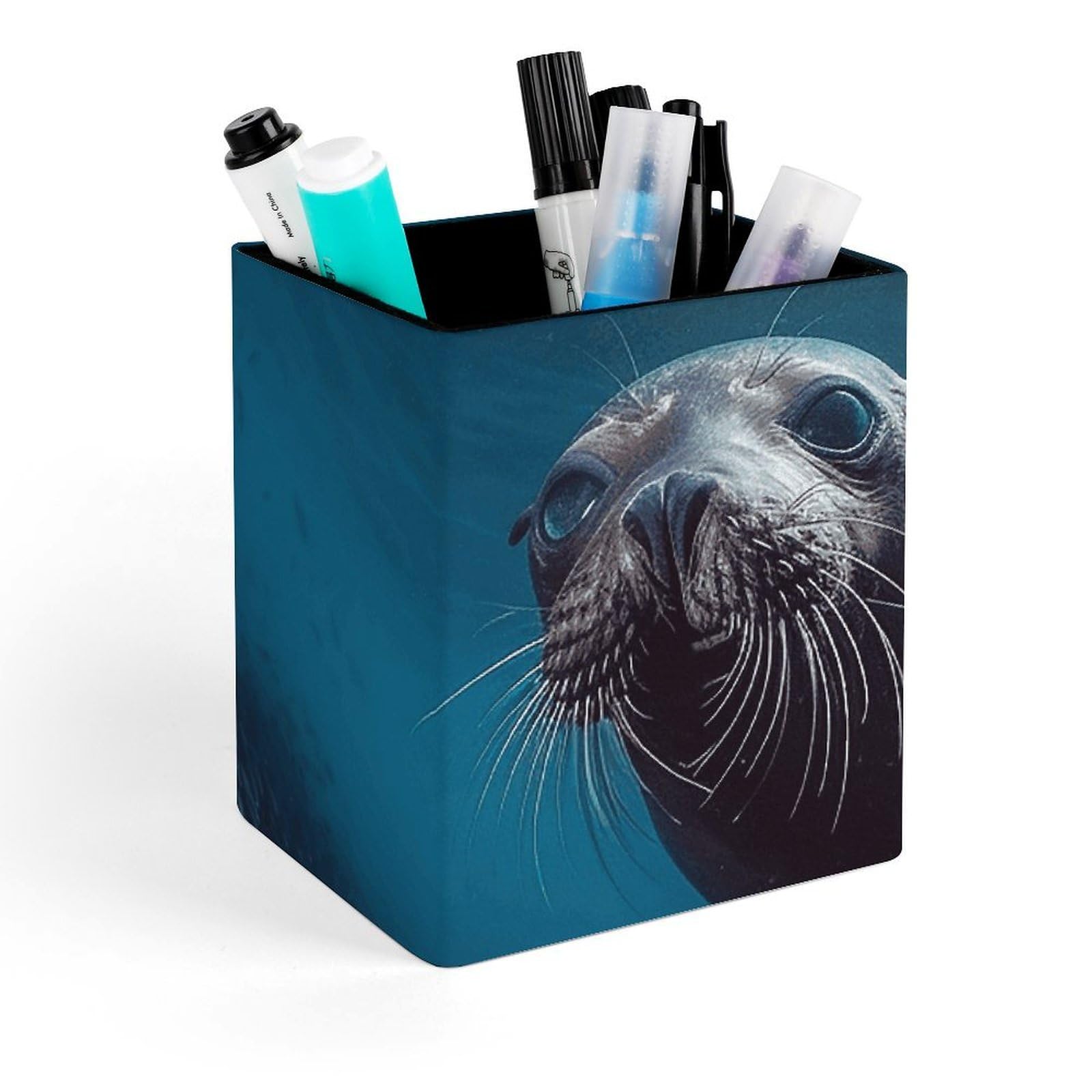 DWVTSLH Aesthetic Pen Holder for Desk - Modern Leather Pencil Holder - Stylish Square Makeup Brush Holder - Underwater Sea Lion Pen Cup Cute And Functional Desk Organizer for Office Supplies