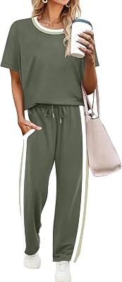 WIHOLL 2 Piece Lounge Sets for Women Matching Set Summer Outfits Short Sleeve Tops Wide Leg Pants with Pockets OEKO-TEX STANDARD 100