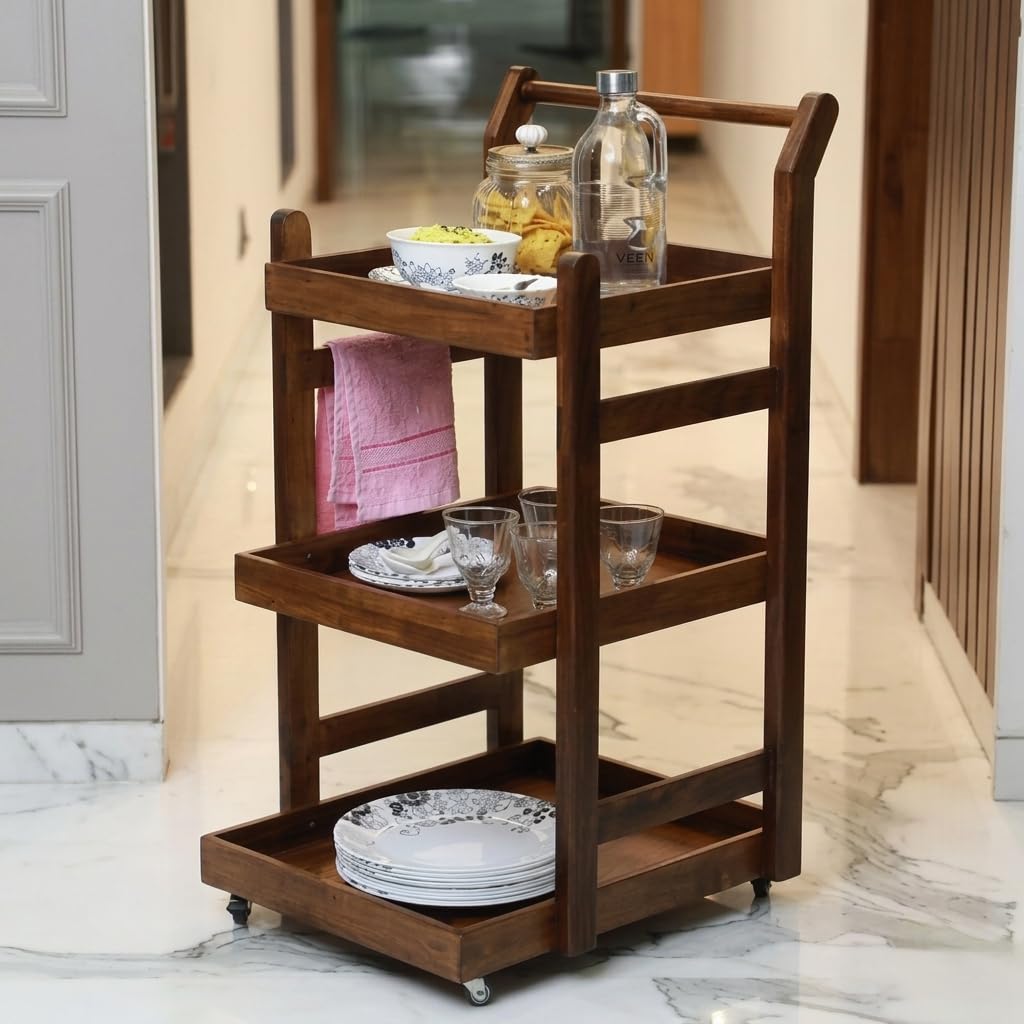 VM DECOR Solid Wood Rolling Utility Serving Trolley 3-Level Wooden Serving Trolley for Kitchen Organization Wheels for Dining Room, Wine Serving Trolley (3 Tier, Teak Finish) - Walnut Finish-image-20