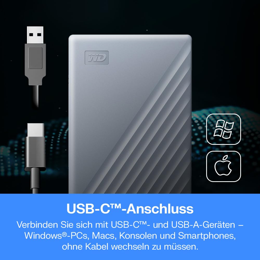 WD My Passport-Festplatte, funktioniert mit USB-C 2 TB (Mobile Festplatte, Passwortschutz, Backup-Software, USB 3.2 Gen 1, 3 Jahre Garantie) Siliziumgrau